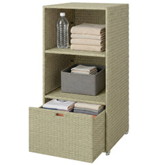Valet Pool Towel Rack, Water-Resistant PE Plastic Rattan Wicker Storage Organizer, 2 Shelves, 1 Basket Drawer