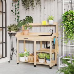Potting Bench Table, Outdoor Garden Table Wooden Work Station with Removable Sink, Faucet, Drawer, Shelves, Hooks, Natural Wood