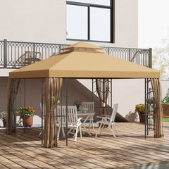 10' x 12' Patio Gazebo with Corner Frame Shelves, Double Roof Outdoor Gazebo Canopy Shelter with Netting, Brown