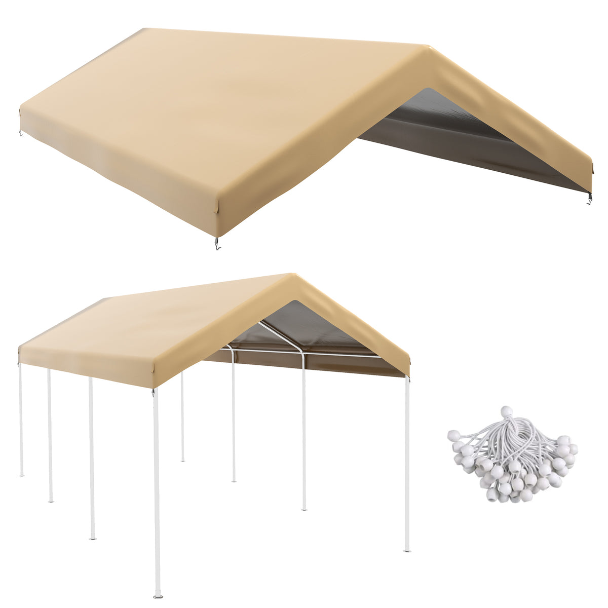 20' x 10' Carport Replacement Canopy for Model 84C-207WT or 84C-386V00WT with Ball Bungee Cords, Beige (Only Cover)