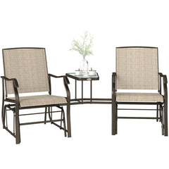 Outdoor Glider Chairs with Coffee Table, Patio 2-Seat Rocking Chair Swing Loveseat with Breathable Sling for Backyard, Garden, and Porch, Light Brown