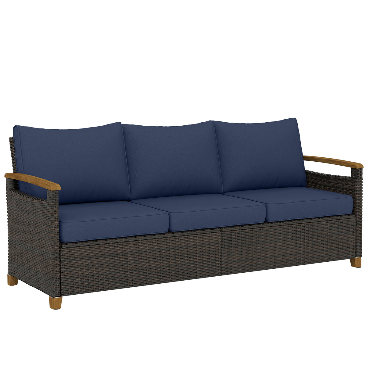 3 Seater Outdoor Couch Sofa, PE Wicker Patio Sofa, Wide Deep Seat, 4" Cushions, Wood-Effect Armrests Legs, Dark Blue