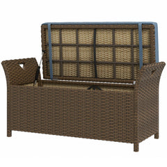Outdoor Patio Wicker Storage Bench, 2-In-1 Rattan Patio Furniture, 29 Gal Storage Box w/ Cushion, Dark Blue