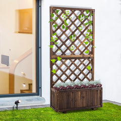 Wooden Raised Garden Bed Planting Planter Box with Trellis and Drain Holes for Climbing Vine Plants, Brown