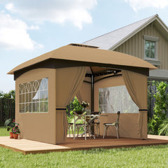 11' x 11' Outdoor Gazebo, Double Roof Patio Gazebo with Curtains, Church Windows, Galvanized Steel Frame, Beige