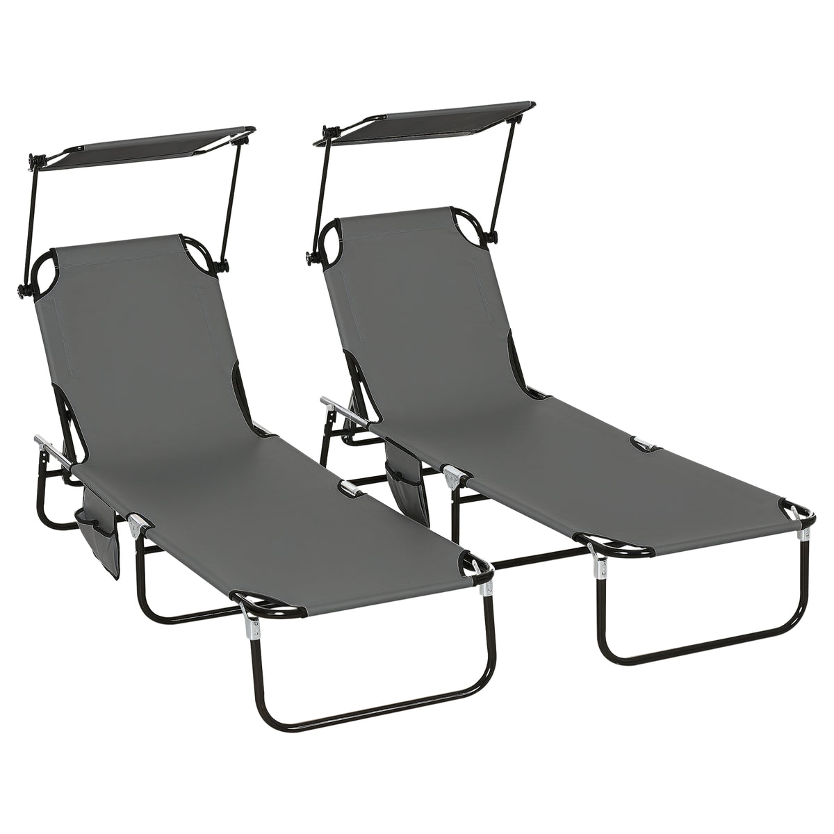 Pool Chaise Lounge Chairs Set of 2, Folding Lounge Chairs with Sunshade, Reclining Back, Steel Frame, Dark Gray