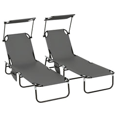 Pool Chaise Lounge Chairs Set of 2, Folding Lounge Chairs with Sunshade, Reclining Back, Steel Frame, Dark Gray