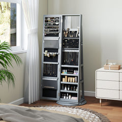 360° Swivel Jewelry Armoire, Lockable Jewelry Cabinet with Full-Length Mirror, Storage Shelves, Gray