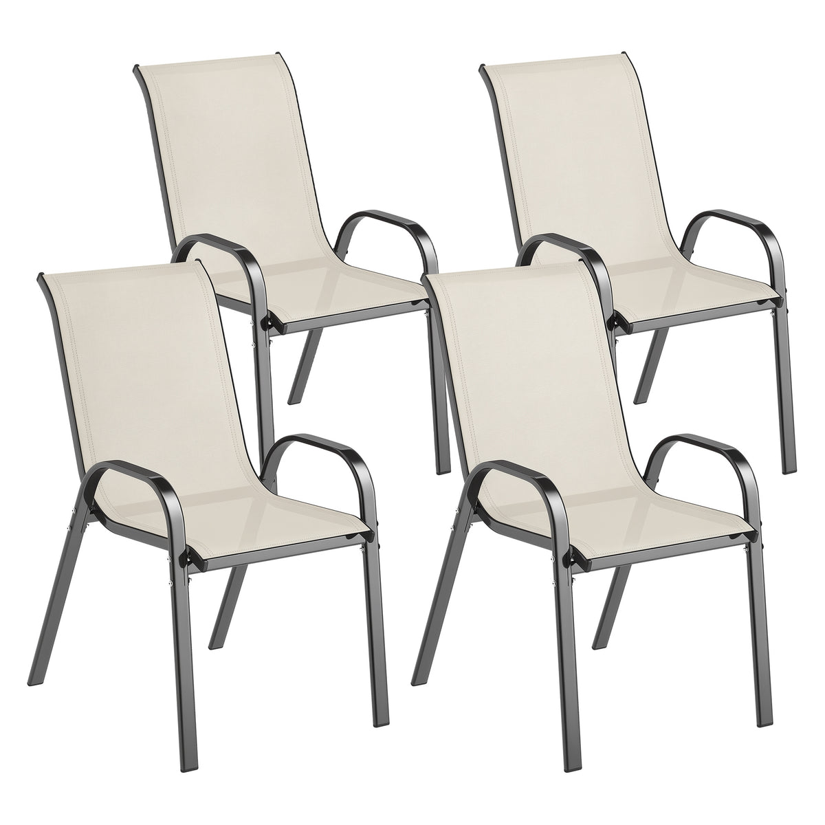 Set of 4 Outdoor Dining Chairs, Stackable Patio Chairs with High Back, Breathable Mesh Seat for Garden Lawn, Beige