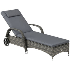 Outdoor Chaise Lounge, 5-Level Adjustable Backrest Rattan Pool Lounge Chair with Wheels, Cushion & Headrest, Gray