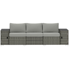 3 Seater Wicker Outdoor Couch Patio Sofa with Storage, Thickened Cushions and Wide Armrests for Porch Yard, Gray