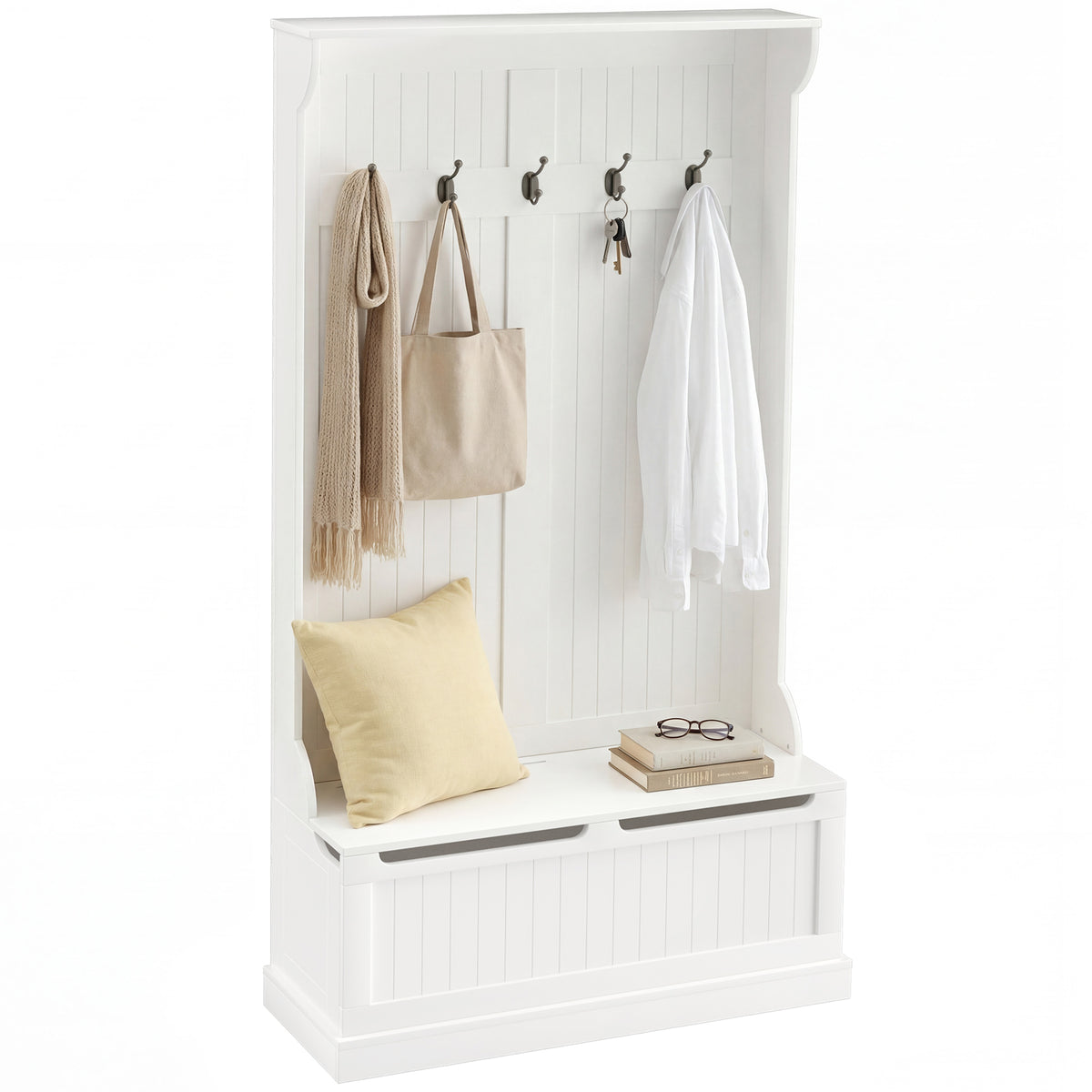 3-In-1 Entryway Bench with Coat Rack, Hall Tree with Bench and Shoe Storage, 5 Hooks for Hallway Cream White