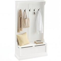 3-In-1 Entryway Bench with Coat Rack, Hall Tree with Bench and Shoe Storage, 5 Hooks for Hallway Cream White