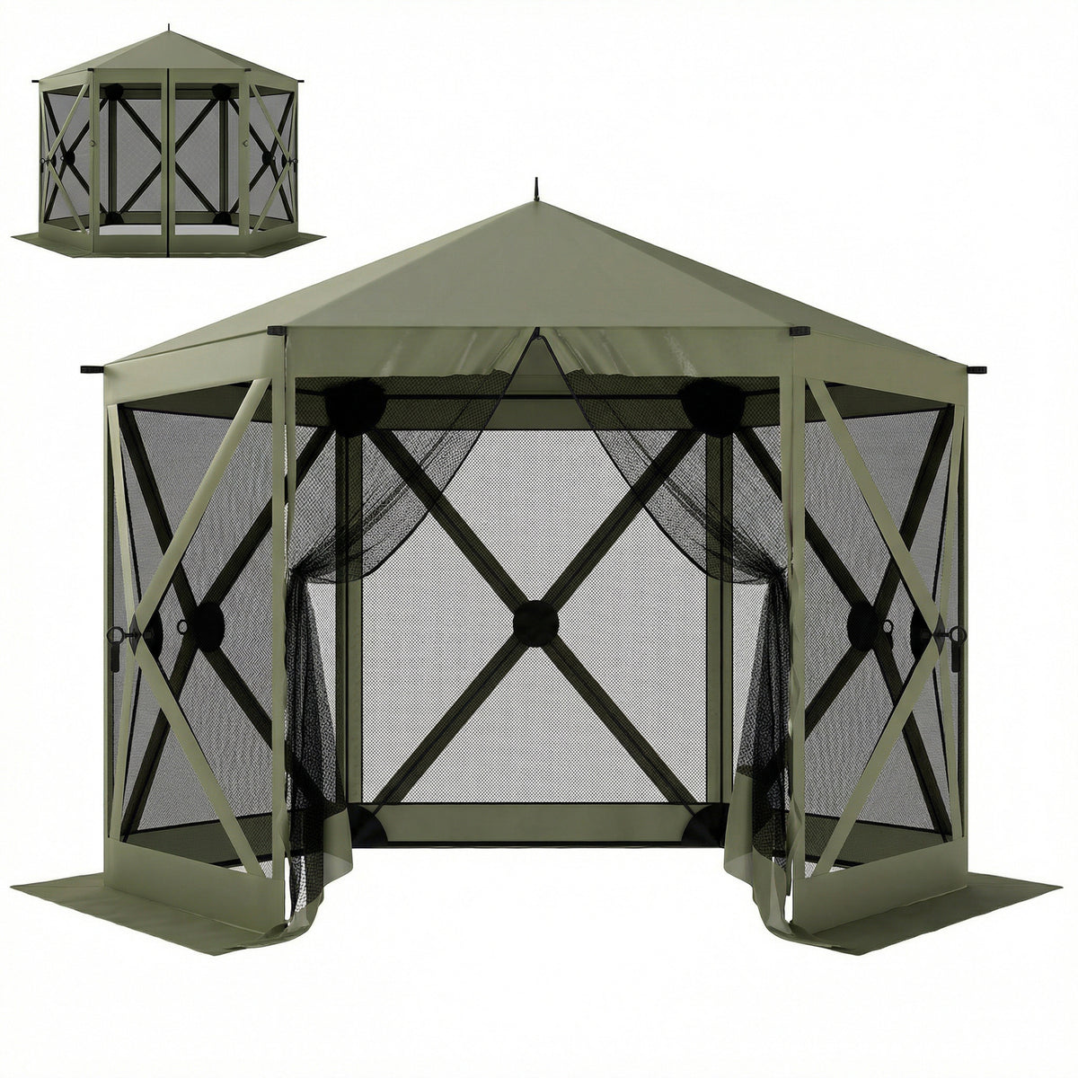10 x 11 ft Pop Up Gazebo Screen Tent, Portable Instant Camping Canopy Screen House with Nettings, Carry Bag, Dark Green