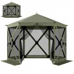 10 x 11 ft Pop Up Gazebo Screen Tent, Portable Instant Camping Canopy Screen House with Nettings, Carry Bag, Dark Green