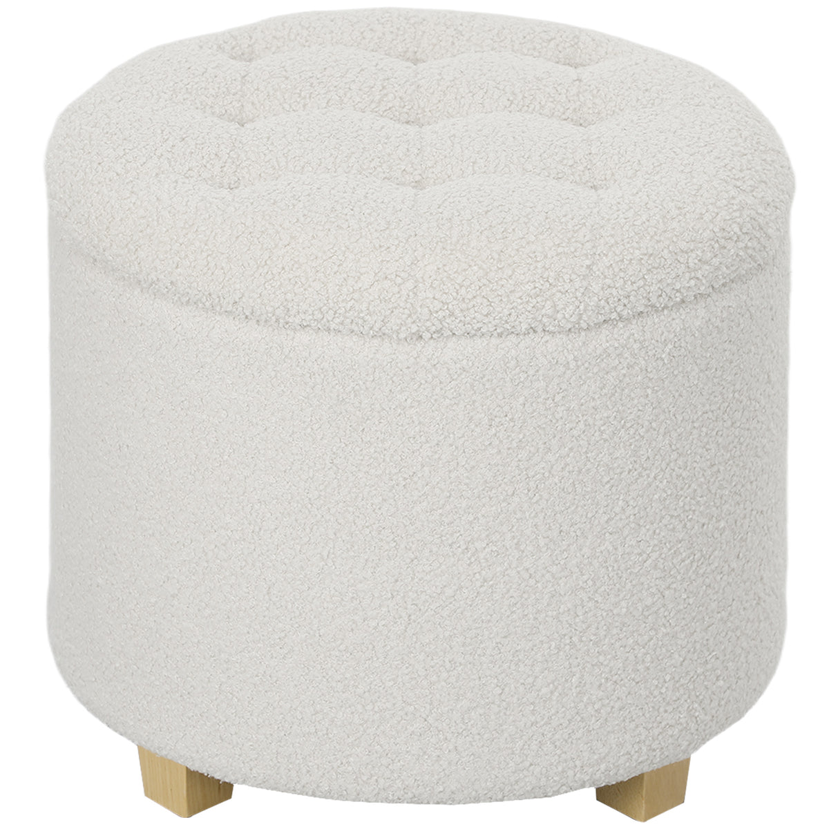 18" Round Ottoman with Storage, Teddy Fleece Button Tufted Foot Stool with Lid, Wood Legs for Living Room Hallway, White