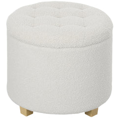 18" Round Ottoman with Storage, Teddy Fleece Button Tufted Foot Stool with Lid, Wood Legs for Living Room Hallway, White