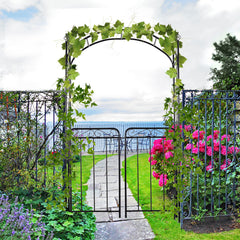 Garden Arch Arbor with Gate, Metal Arch Trellis, Garden Archway for Climbing Vines, Wedding Ceremony Decoration, Black