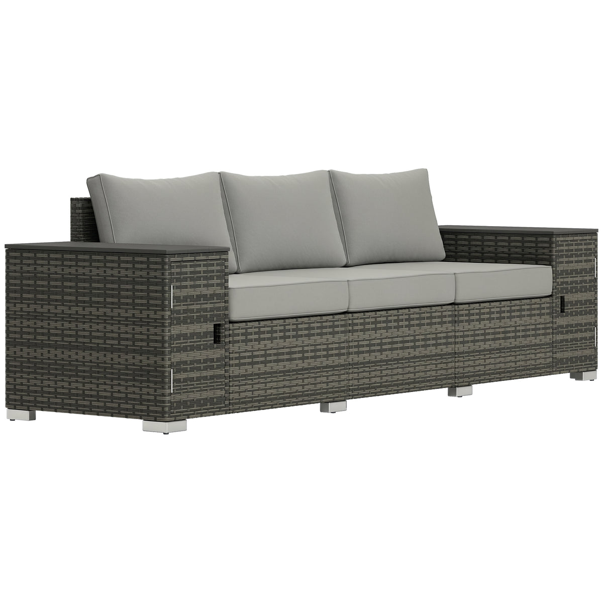 3 Seater Wicker Outdoor Couch Patio Sofa with Storage, Thickened Cushions and Wide Armrests for Porch Yard, Gray