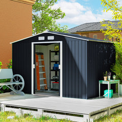 9' x 6' Outdoor Storage Shed, Garden Tool Metal Shed with Foundation Kit, Double Lockable Door, Air Vents and Sloping Roof, for Backyard, Patio, Lawn, Dark Gray