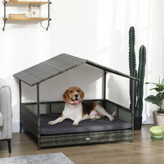 Outdoor Dog Bed with Canopy, Rattan Dog Bed with Soft Cushion Removable Cover for Medium and Large Dogs, Dark Gray