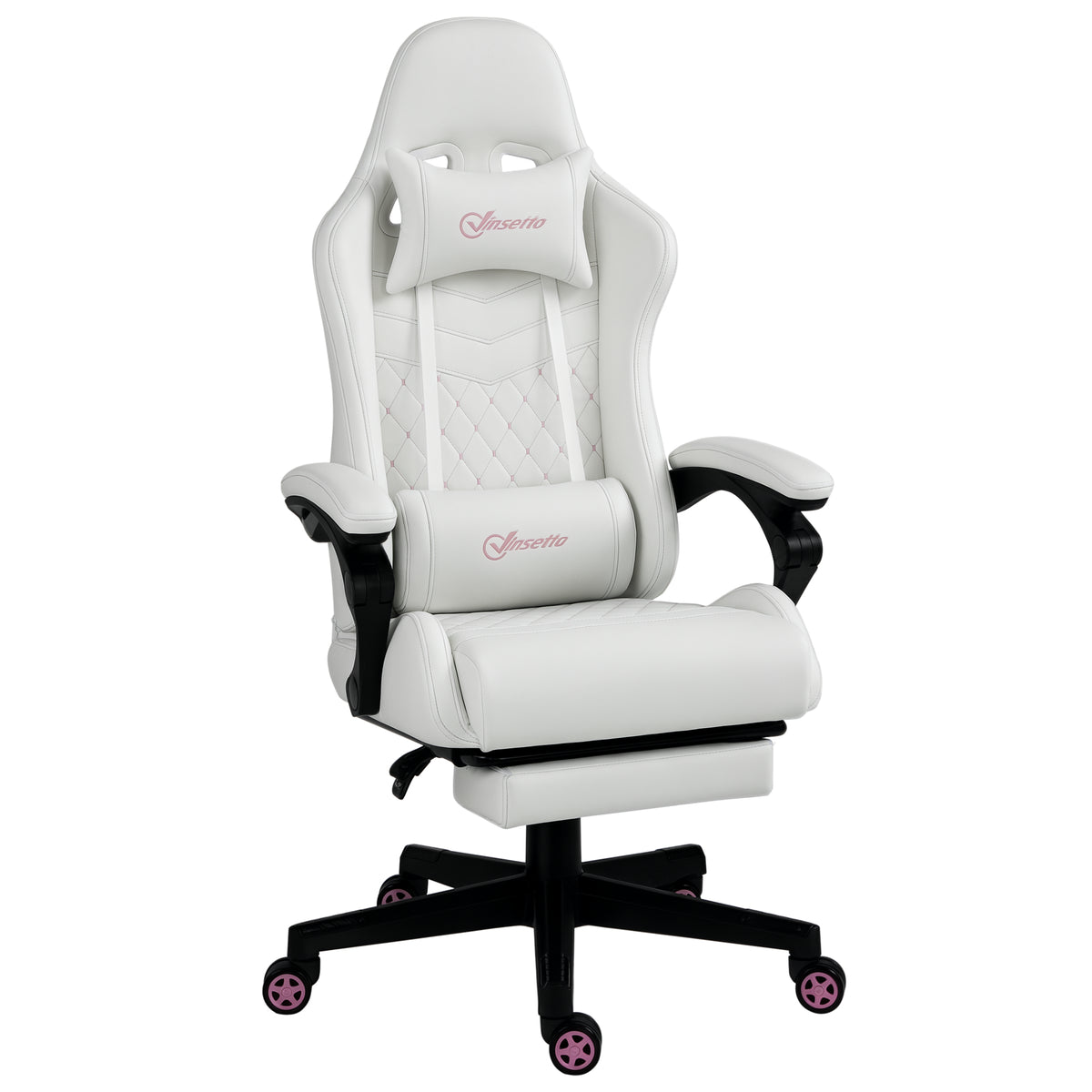 High Back PU Leather Gaming Chair, Racing Computer Chair with Swivel Wheels, Retractable Footrest, Headrest, Lumbar Support, and Armrest, White and Pink