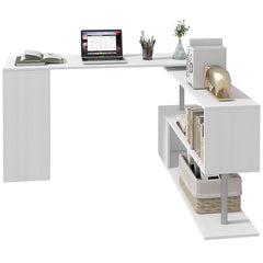 55" 360° Rotating Corner Computer Desk Modern L-Shaped Home Office Workstation with 3-Tier Storage Shelves, Bookshelf, White