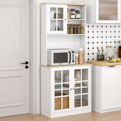 Kitchen Pantry Storage Cabinet, 72" Freestanding Cabinet with Hutch, Large Countertop, Glass Doors and Adjustable Shelves for Dining Room, White