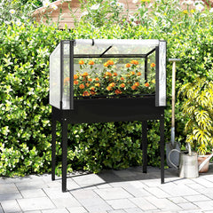 Raised Garden Bed with Flip-Up Greenhouse Cover, Metal Elevated Garden Bed with Legs and Drainage Hole, Black