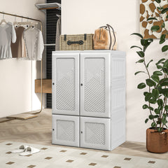Portable Wardrobe, Foldable Clothes Storage Organizer with 3 Compartments, Hanging Rod, Magnet Doors, White
