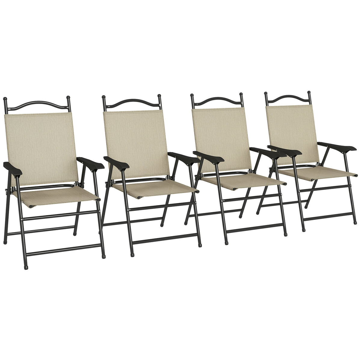 4 Piece Folding Patio Camping Chair Set, Sports Chairs for Adults with Armrests, Mesh Fabric Seat for Lawn, Beige