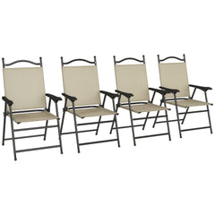 4 Piece Folding Patio Camping Chair Set, Sports Chairs for Adults with Armrests, Mesh Fabric Seat for Lawn, Beige