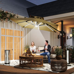 10ft. Solar LED Cantilever Umbrella, Offset Hanging Umbrella with 360°Rotation, Cross Base, 8 Ribs, Tilt and Crank for Yard, Khaki