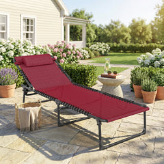 Folding Chaise Lounge Pool Chair with 4-Position Reclining Back, Pillow, Breathable Mesh & Bungee Seat, Wine Red