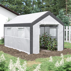 12' x 7' x 7' Greenhouse, Walk-in Outdoor Tunnel Green House with PE Cover, Steel Frame, 2 Roll-Up Zipper Doors & 4 Windows for Flowers, Vegetables, Tropical Plants, White/Dark Gray