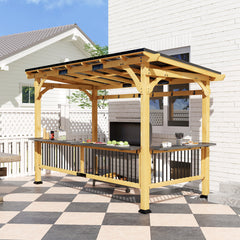 13' x 6' Wooden BBQ Grill Gazebo, Outdoor Hardtop Grill Gazebo with Metal Roof, 2 Bar Shelves and 6 Hooks, Natural