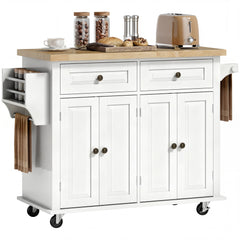 44" Mobile Kitchen Island Table, Kitchen Island Cart on Wheels with Storage Cabinets, 2 Drawers, White