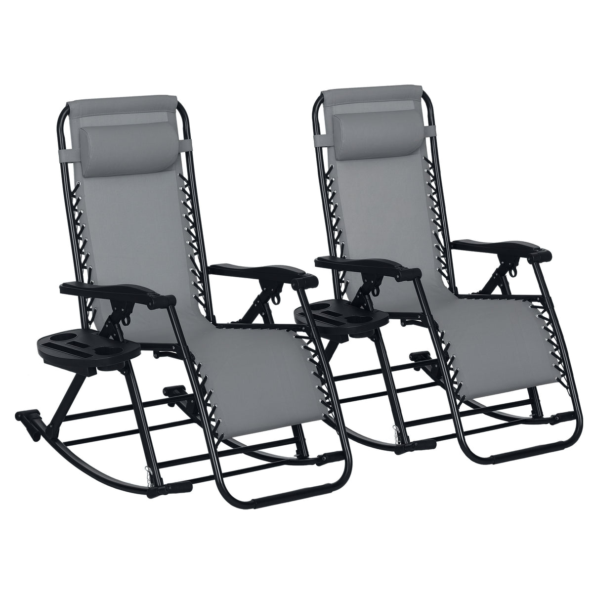 2 Outdoor Rocking Chairs Foldable Reclining Zero Gravity Lounge Rockers w/ Pillow Cup & Phone Holder, Gray