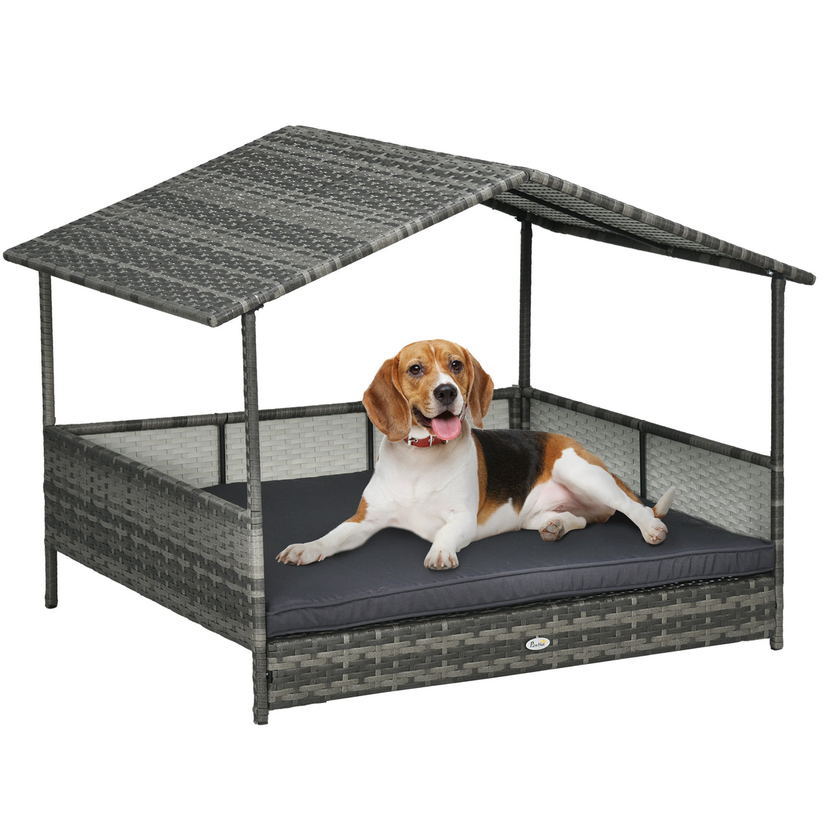 Outdoor Dog Bed with Canopy, Rattan Dog Bed with Soft Cushion Removable Cover for Medium and Large Dogs, Dark Gray