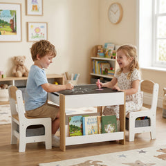 3pc Kids Table and Chair Set with Reversible Tabletop Blackboard, Storage & Bookshelves, Natural
