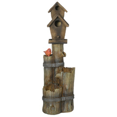 Outdoor Fountain with Birdhouse, Cascading Garden Waterfall Bird Bath with 3-Tier Rustic Tree Trunk / Log Design, LED Lights for Porch, Deck, Yard Decor, Brown