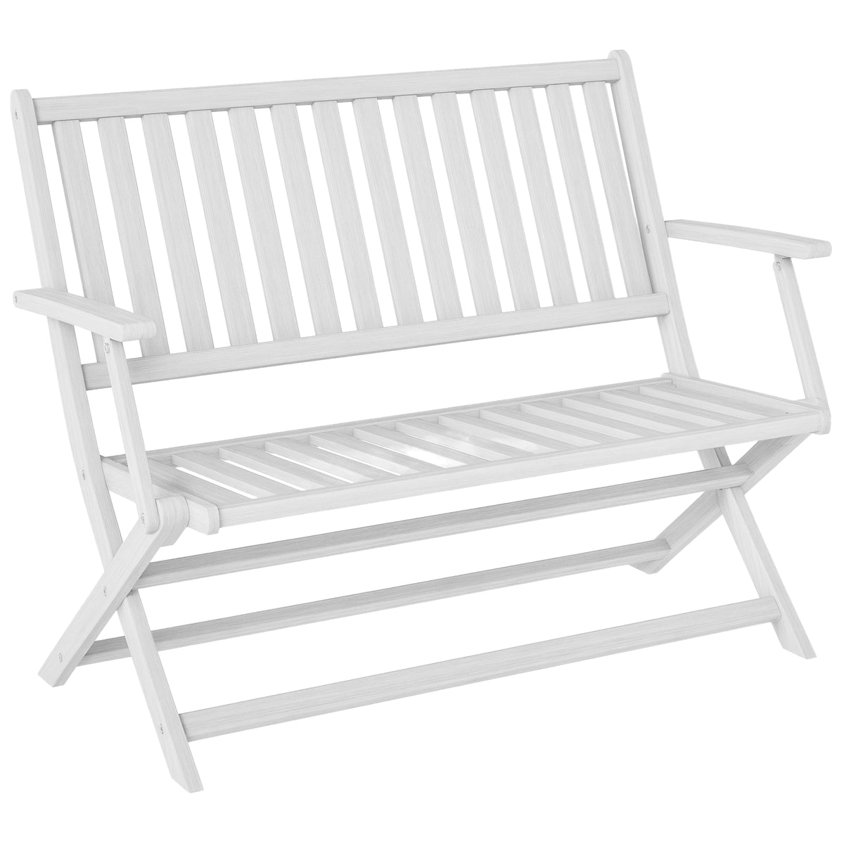2-Person Foldable Wood Outdoor Bench with Backrest and Armrests for Garden, Porch, Park, Balcony, White