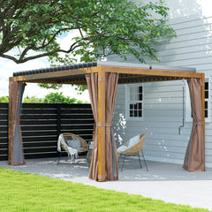 10' x 13' Outdoor Retractable Pergola w/ Sun Shade Louvered Top, Pergola w/ Canopy, Curtains, Netting, Natural Wood