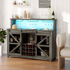 55" Coffee Bar Cabinet with Lights, Farmhouse Wine Cabinet with Wine and Glass Racks for Kitchen, Dining Room, Brown