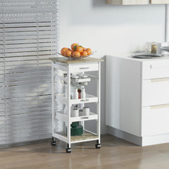 Mobile Kitchen Cart, Rolling Kitchen Island with Storage, Solid Wood Frame Utility Cart with Wire Fruit Baskets, Trays and Drawer, White