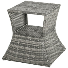 Outdoor Side Table with Umbrella Hole, 2 Tier Rattan Wicker End Table with Storage Shelf, All Weather for Outdoor, Patio, Garden, Backyard, Mixed Gray