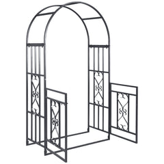 81" Metal Garden Arbor with Double Doors, Locking Gate, Climbing Vine Frame with Heart Motifs, Arch for Wedding, Bridal Party Decoration, Grey