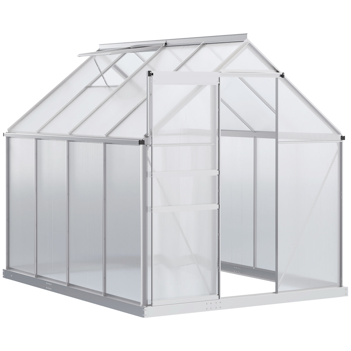 8' x 6' Aluminum Outdoor Greenhouse, Polycarbonate Walk-in Garden Greenhouse Kit with Adjustable Roof Vent, Rain Gutter and Sliding Door for Winter, Silver