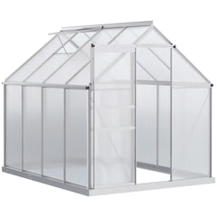 8' x 6' Aluminum Outdoor Greenhouse, Polycarbonate Walk-in Garden Greenhouse Kit with Adjustable Roof Vent, Rain Gutter and Sliding Door for Winter, Silver