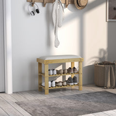 Bamboo Shoe Storage Bench, 3-Tier Entryway Bench with Cushion, Shoe Organizer for Entryway, Hallway, Natural